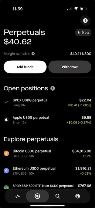 A mobile trading app interface displays a portfolio balance of "Perpetuals $40.62," showing open positions including "SPCX USDG perpetual" long and "Apple USDG perpetual" short, along with options to "Add funds" or "Withdraw."
