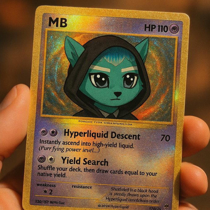 The image features a gold Pokémon trading card with a cat character wearing a black hoodie, standing out against the gold background. The text on the card reads "MB HP 110", which indicates that this card is for the Pokémon "MB". The card also includes a description of Hyperliquid descent and its properties, suggesting it might be a rare or unique edition. The post about chasing cards instead of chasing Hyper Liquid is related to the image because it highlights the uniqueness and rarity of the Pokémon card in question, which could potentially make it an interesting collectible item for fans of Pokémon.