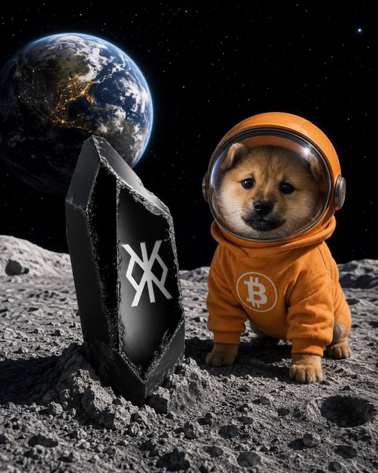 A digital artwork of a Shiba Inu dog wearing an orange Bitcoin astronaut suit sitting on the moon next to a black coffin with a cryptocurrency symbol, with Earth visible in the background.