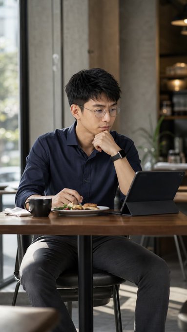 A young Asian man wearing glasses and a dark blue shirt sits thoughtfully at a cafe table with a laptop in front of him.