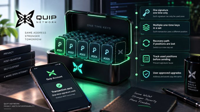 A QUIP Network promotional image showcasing 'One Time Keys' in a green-lit case alongside a phone displaying 'Transaction sent' and feature highlights including 'One signature one time only' and 'Recovery path.'
