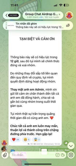 A Telegram group chat screenshot titled 'Group Chat Airdrop G...' showing a pinned Vietnamese message announcing the group's closure in 12 hours.