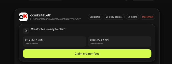 A screenshot of a crypto wallet interface showing the "coinkritik.eth" account with 0.120557 GME and 0.005271 AAPL in unclaimed creator fees, ready to be claimed. The image illustrates the post's point about creator fees on Pons potentially appearing later, as the user had to return to claim small amounts rather than catching a large payout at the right time.