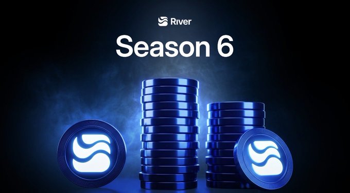 A promotional graphic for River's "Season 6" featuring blue cryptocurrency-style coins stacked with the River logo, set against a dark, atmospheric background with misty lighting effects.

The image visually reinforces the post's message about River's capital-efficient stablecoin liquidity platform, with the stacked coins symbolizing the accumulated yield and asset accumulation users can access through satUSD and satUSD+.