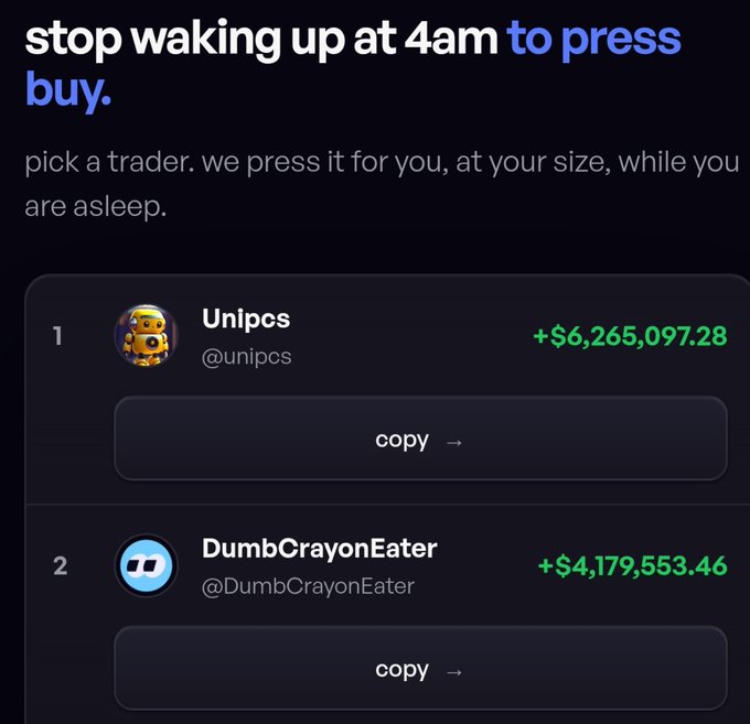 An advertisement reading 'stop waking up at 4am to press buy' promotes a crypto copy-trading service, showing top traders like 'Unipcs' (+$6,265,097.28) and 'DumbCrayonEater' (+$4,179,553.46).
