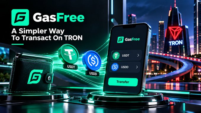 A promotional graphic for GasFree with the text 'A Simpler Way To Transact On TRON', showing a smartphone interface for transferring USDT and USDD, with the TRON logo and a futuristic city skyline in the background.