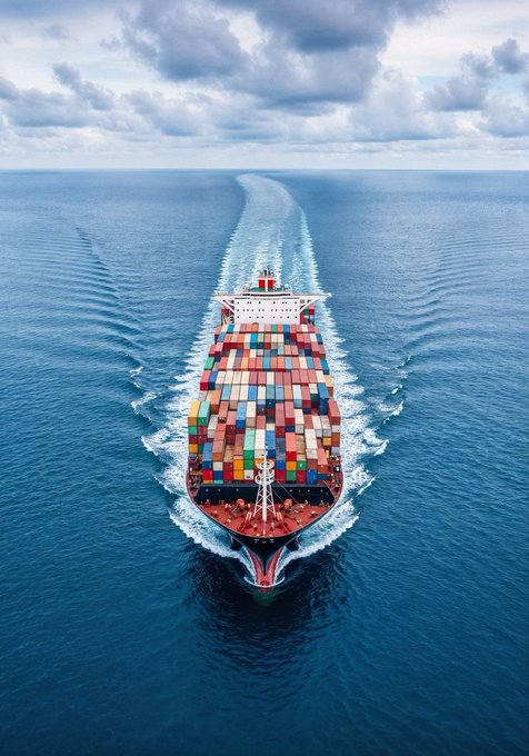 Aerial photograph of a large cargo container ship loaded with colorful shipping containers sailing through the ocean, leaving a visible wake behind it.
