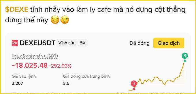 A Vietnamese-language social media post features text about a crypto token '$DEXE' that 'froze vertically like a coffee cup,' accompanied by a chart showing a 'PnL' of '-18,025.48' and '-292.93%' for the token 'DEXEUSDT'.