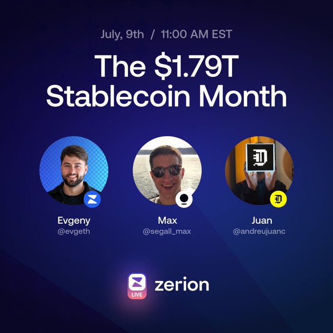 The image is a promotional graphic for a Zerion Live event titled "The $1.79T Stablecoin Month," scheduled for July 9th at 11:00 AM EST, featuring speakers Evgeny (@evgeth), Max (@segall_max), and Juan (@andreujuanc). The dark blue background highlights the featured guests' profile photos alongside their handles, directly tying into the accompanying post's announcement about discussing stablecoins, payments, and privacy.