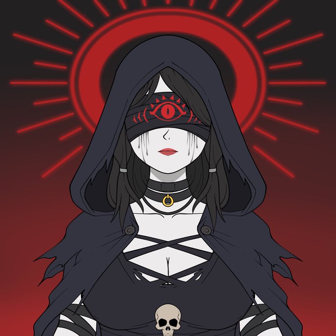 A dark, hooded figure with pale skin, black hair, and a blindfold featuring a red eye symbol is depicted against a glowing red sun/halo background with rays. The illustration aligns with the post's theme of a unique 1/1 NFT auction on @xrpcafe, with no visible text or numbers in the artwork itself.