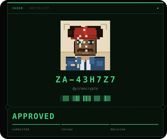 A digital 'ZADDR WHITELIST' approval card displaying a pixel art avatar with a red bandana, the code 'ZA-43H727', username '@yirancrypto', a barcode, and 'APPROVED' status in green text.
