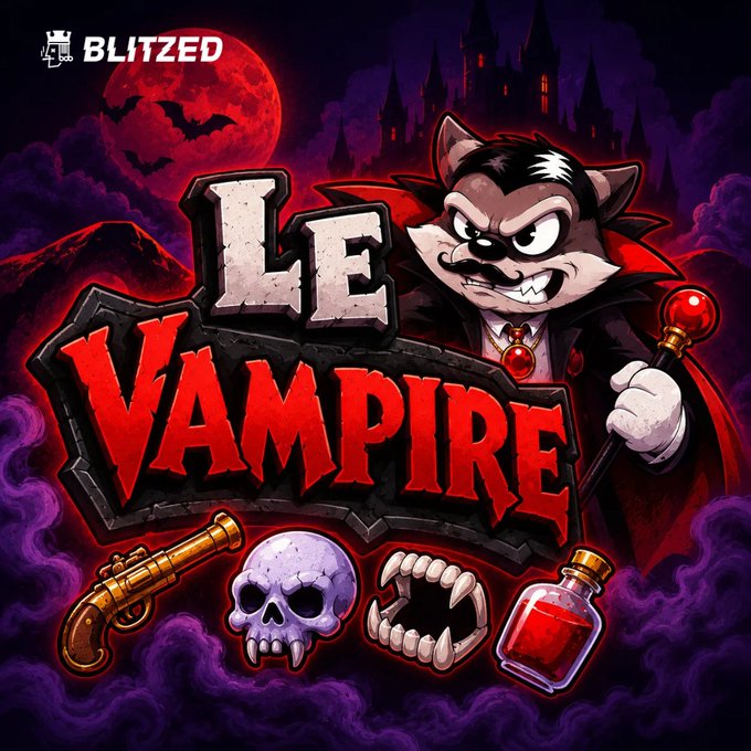 Game artwork for 'Le Vampire' by BLITZED featuring a cartoon vampire with a mustache and cape, alongside a skull, fangs, a flintlock pistol, and a red potion bottle against a purple night sky.