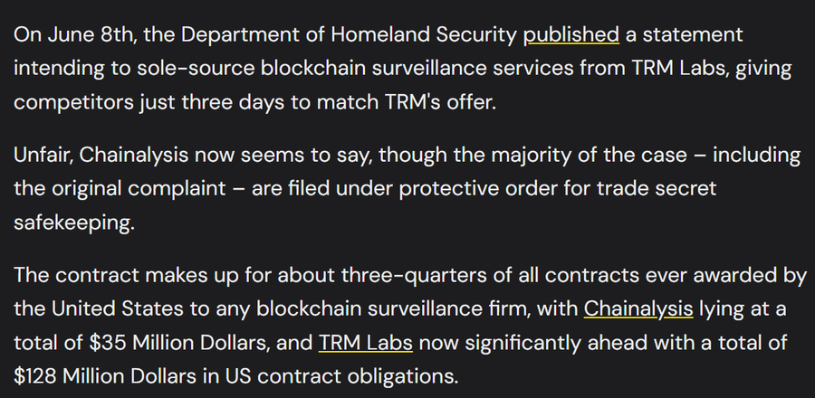 A text excerpt discussing how the Department of Homeland Security sole-sourced blockchain surveillance services from TRM Labs, giving competitors like Chainalysis only three days to match the offer, noting TRM's $128M vs Chainalysis's $35M in US contract obligations.