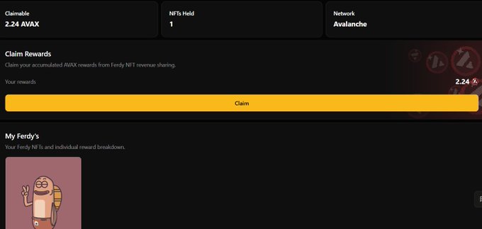 A crypto rewards dashboard showing 2.24 AVAX claimable, 1 NFTs Held on the Avalanche network, with a yellow 'Claim' button and a cartoon ferdy NFT character below.