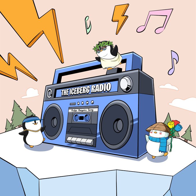 A colorful illustration titled 'THE ICEBERG RADIO' featuring cartoon penguins on an iceberg, with one penguin wearing a laurel wreath and sunglasses on top of the blue boombox playing a 'Pudgy Penguins Song,' while another penguin holds roses.