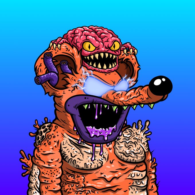 A grotesque, exaggerated cartoon monster with multiple eyes, a brain on top, sharp teeth, and dripping slime against a vibrant blue background—perfectly matching the post's enthusiastic showcase of bold, monstrous NFT traits.