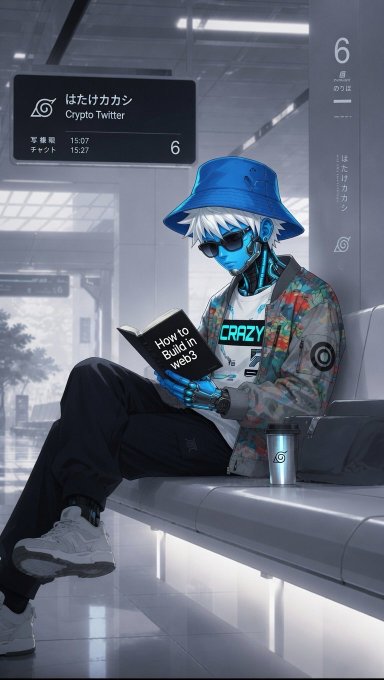 A cyberpunk-style illustration of a blue-skinned figure with white hair, wearing a bucket hat and sunglasses, reading a book titled 'How to Build in web3' in a futuristic train station.