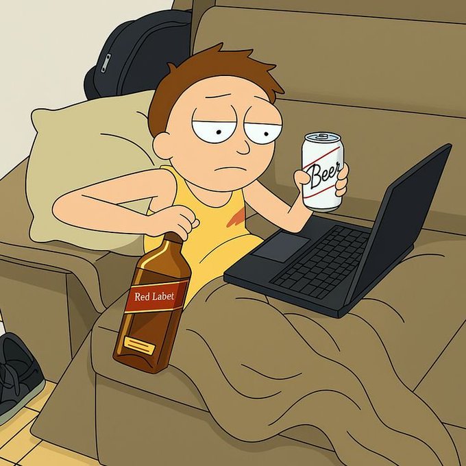 A cartoon character resembling Morty from Rick and Morty sits on a couch holding a can labeled "Beer" and a bottle of "Red Label" whiskey while using a laptop.