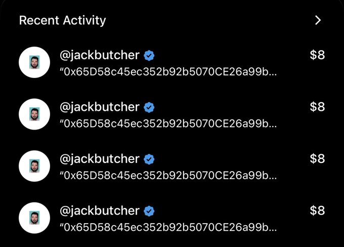 A 'Recent Activity' feed showing four transactions from verified user @jackbutcher, each displaying a transaction hash beginning with '0x65D58c45ec352b92b5070CE26a99b...' for $8.