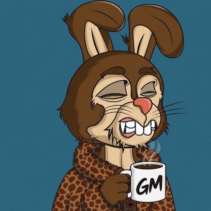 A cartoon illustration of a brown bunny character in a leopard-print robe drinking from a white mug that says 'GM'.