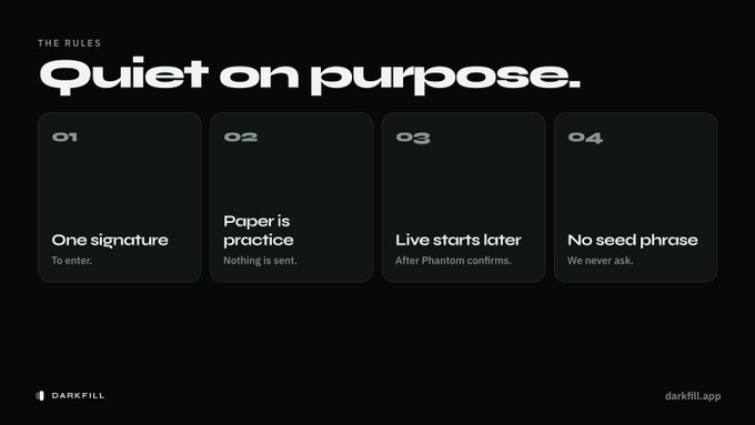 A black graphic titled 'THE RULES Quiet on purpose' by DARKFILL, listing four points including '01 One signature To enter' and '03 Live starts later After Phantom confirms'.