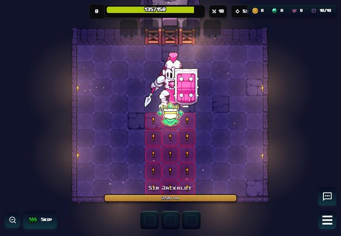A top-down pixel-art dungeon battle shows a player character facing a pink-and-white enemy, with a health bar, item counters, and an empty three-slot ability bar visible.