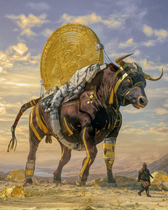 A digital artwork depicts a massive mechanical bull with a large Bitcoin coin mounted on its back, standing in a desert landscape while a small cloaked figure walks nearby.