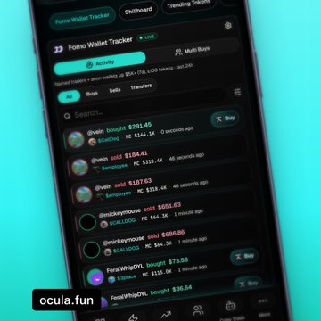 The image displays a mobile screenshot of the "Fomo Wallet Tracker" dashboard on a cyan background, showing a ranked list of profitable wallets such as @iven ($251.4K), @rwn ($154.41), and @krik ($651.03) with metrics including win rate, MC (market cap), and time since last activity. The "ocula.fun" watermark appears in the corner, and the interface highlights features like sorting by profitability, win rate, and buy size, directly reflecting the post's promotion of the tracker tool.