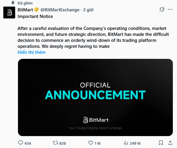 A pinned tweet from BitMart (@BitMartExchange) announcing the orderly wind-down of its trading platform operations, with an attached 'OFFICIAL ANNOUNCEMENT' graphic from 'BitMart - Your Trusted Digital Asset Exchange'.