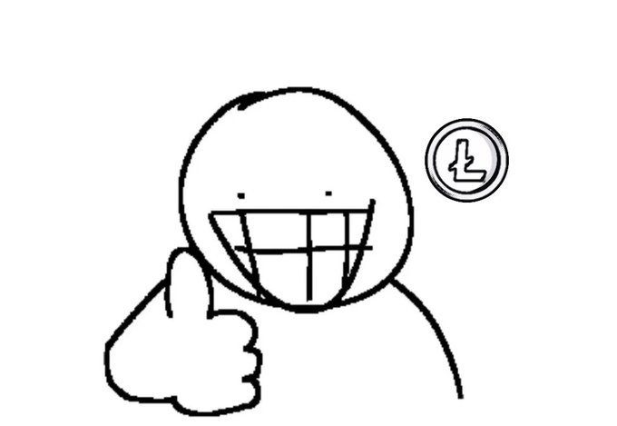 A simple cartoon sketch shows a smiling stick figure giving a thumbs-up, with a coin bearing the Litecoin (Ł) symbol floating in the upper right corner.