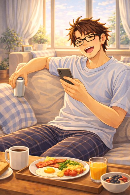 An anime-style man in glasses and a white shirt lounges on a checkered couch, holding a smartphone and a canned drink while smiling, with a breakfast spread of eggs, bacon, fresh greens, orange juice, coffee, and a bowl of berries on the table before him—evoking a relaxed "Sunday check-in" mood that pairs with the casual tone of monitoring the $QUIP ticker and @quipnetwork update on quantum computing progress.