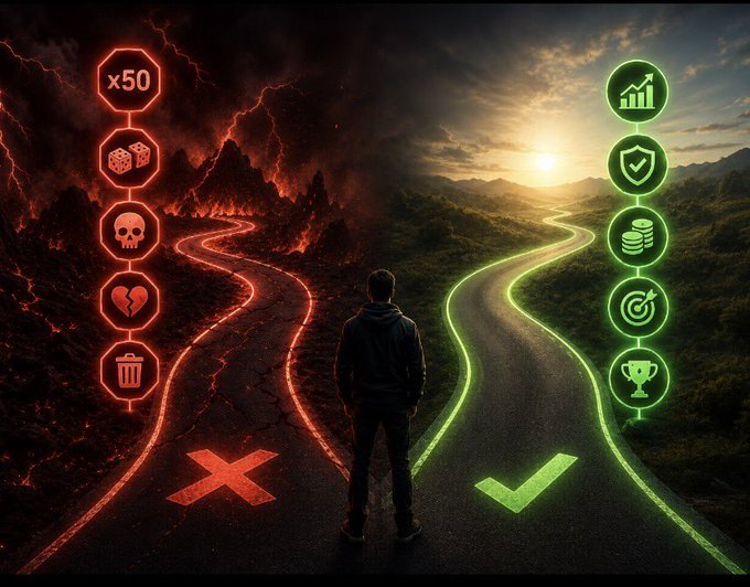 A man stands at a crossroads between a stormy red path marked with negative icons (x50, dice, skull, broken heart, trash) and a bright green path marked with positive icons (rising chart, shield, money, target, trophy), symbolizing the choice between risky Bitcoin gambles and disciplined investment. The image visually reinforces the post's excitement about Bitcoin at $71,119.27, highlighting the high-stakes decision traders face in navigating volatile crypto markets.