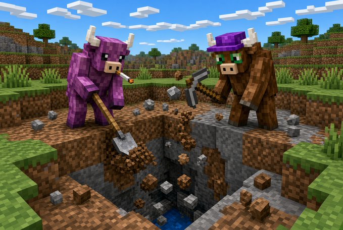 A Minecraft-style image showing two blocky cow characters, one purple and one brown, mining dirt blocks with pickaxes and a shovel.