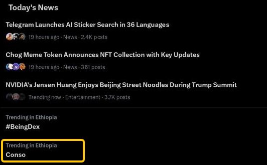 A dark-themed news feed showing headlines including 'Telegram Launches AI Sticker Search in 36 Languages', 'Chog Meme Token Announces NFT Collection with Key Updates', and 'NVIDIA's Jensen Huang Enjoys Beijing Street Noodles During Trump Summit', with 'Trending in Ethiopia' hashtags #BeingDex and Conso highlighted.