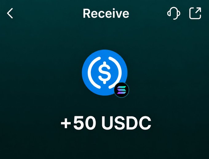 A mobile app screen titled "Receive" shows a transaction confirmation for "+50 USDC" on the Solana network, representing a partial reward payout from the Housebets promotion described in the post, which promised up to $150 for verifying a wallet and tweeting about the platform.