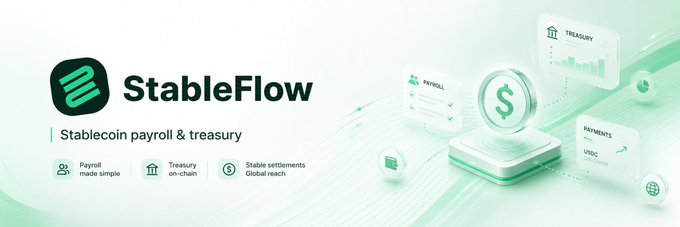 A promotional banner for **StableFlow**, featuring its logo alongside the tagline "Stablecoin payroll & treasury" and three feature icons: payroll made simple, treasury on-chain, and global stable settlements. The right side showcases 3D-style floating cards labeled "PAYROLL," "TREASURY," and "PAYMENTS" (showing USDC), connected by a glowing dollar symbol, visually reinforcing the platform's role in managing stablecoin-based business payments as described in the post.