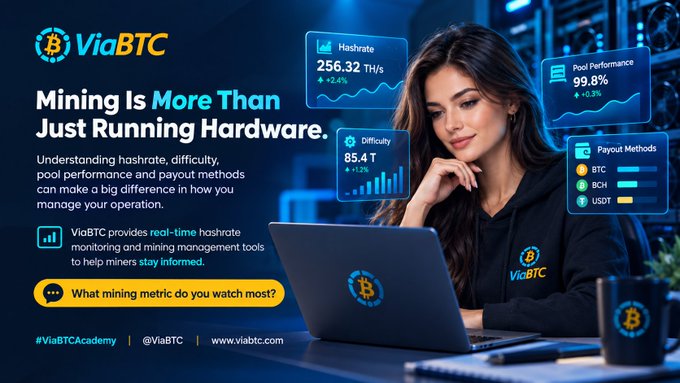 A ViaBTC promotional advertisement featuring a woman using a laptop, with text 'Mining Is More Than Just Running Hardware' and stats showing hashrate at 256.32 TH/s, pool performance 99.8%, and difficulty 85.4 T.