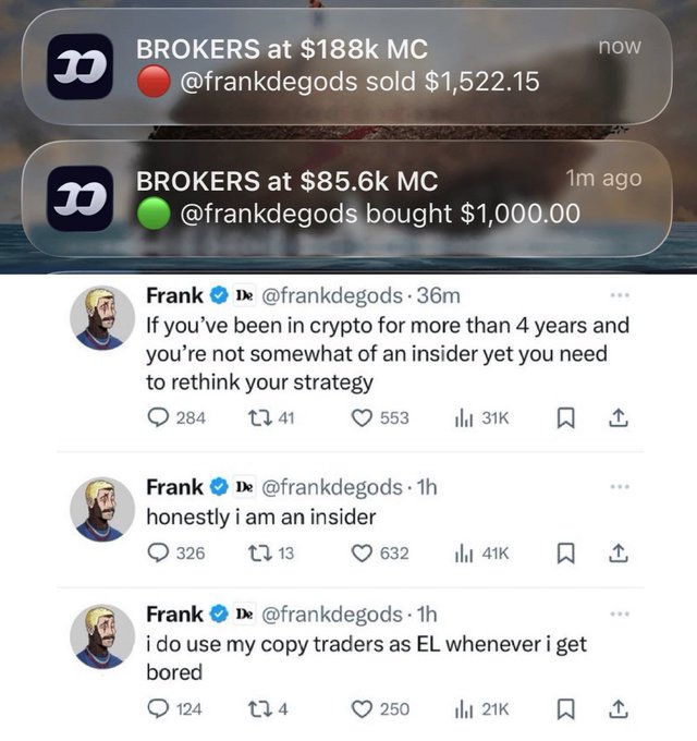 The image shows crypto trader @frankdegods making $1,522.15 in profits on the BROKERS token after its market cap surged from $85.6k to $188k, alongside tweets where he admits "i am an insider" and uses "copy traders as EL whenever i get bored"—suggesting undisclosed affiliations like the suspected FOMO app connection referenced in the post, where high fees may benefit insiders like seed investors at users' expense.