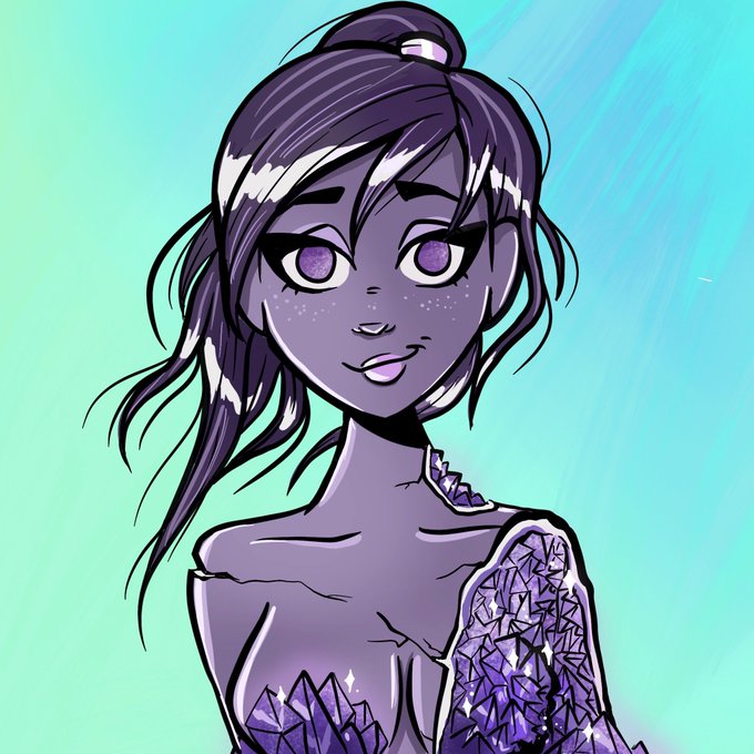 Stylized anime-style illustration of a girl with purple skin, purple eyes, and dark purple hair in a bun, with crystalline purple formations on her shoulder and chest against a teal background.