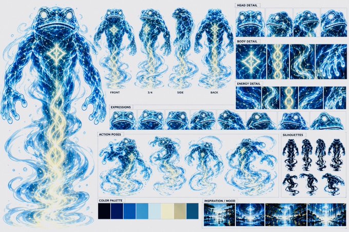 A character design reference sheet for a blue water-based creature, showing multiple angles, expressions, action poses, and a color palette.