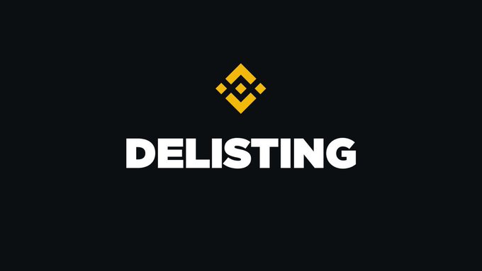 A black screen displaying a yellow Binance logo above bold white text reading "DELISTING".
