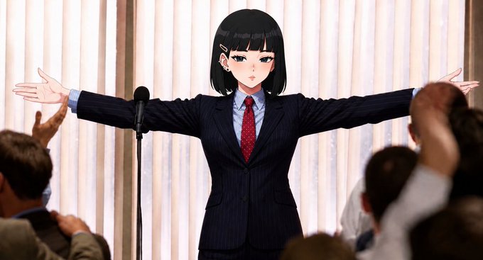 An anime-style woman in a black suit and red tie stands at a microphone with arms outstretched to an audience.