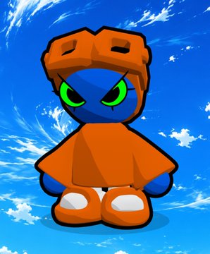 A cartoon-style character with a blue face and body, wearing an orange hooded cloak and shoes, with glowing green eyes, set against a blue sky background with clouds.