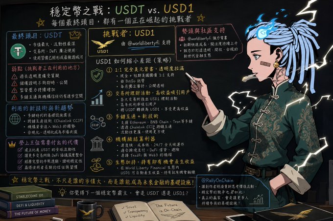 An infographic in Chinese titled "穩定幣之戰：USDT vs. USD1" (Stablecoin Battle: USDT vs. USD1) features an anime-style character with blue dreadlocks, comparing USDT as the dominant player against challenger USD1, with sections detailing USDT's network effects, new technology trends, and DeFi/regulatory impacts. The visual reinforces the post's argument that USDT's "final boss" status stems from its entrenched network effects across exchanges, DeFi, and user habits rather than just product features.