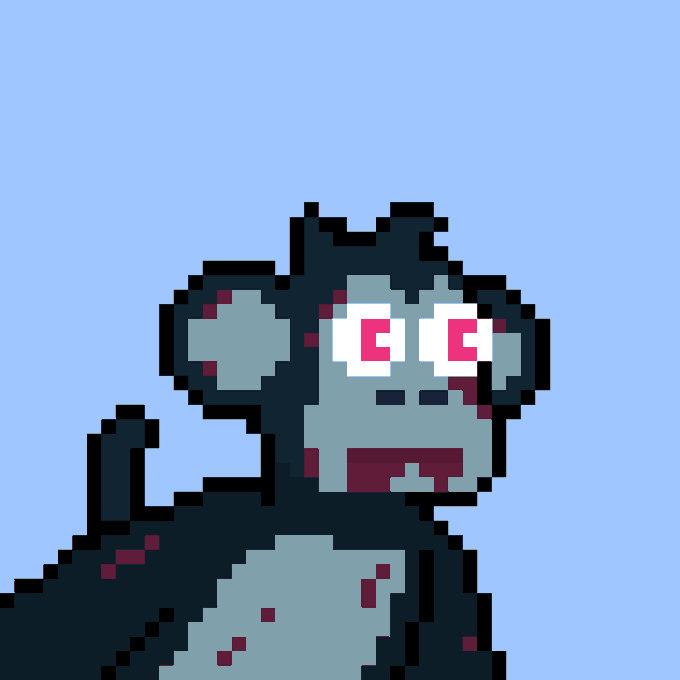A pixel art illustration of a zombie-like monkey character with grayish skin, bloodshot pink eyes, and exposed teeth set against a light blue background.