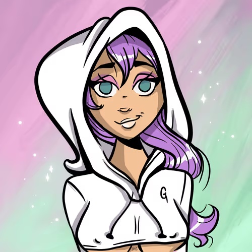 A digital illustration of a stylized anime-inspired character with purple hair and teal eyes, wearing a white hoodie with a "G" emblem, set against a pastel pink and green background. The artwork celebrates the sale of "MetaVixen Collab #019" for 1.2 WETH ($2.80K) on OpenSea.