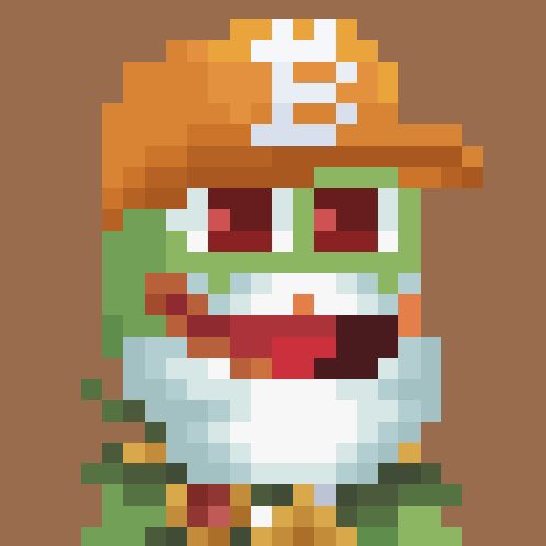 The image features a cartoon frog wearing an orange hat and a green shirt, sitting against a brown background. The caption reads "Our community destroyed over 69,000 PepeNals to end up with 6,900 perfect frogs on Bitcoin." This statement is related to the image because it references the original post about the creator of the character, who has been referred to as a "peperon" in the comments section.