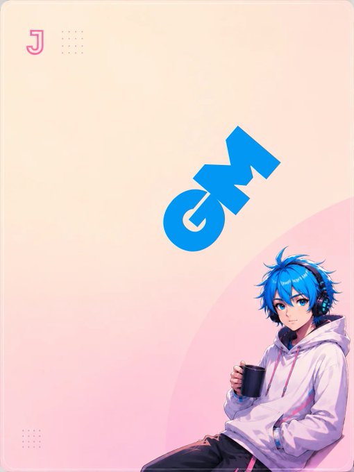 An anime-style wallpaper featuring a blue-haired character with headphones holding a mug, alongside a large blue male gender symbol on a pink background.
