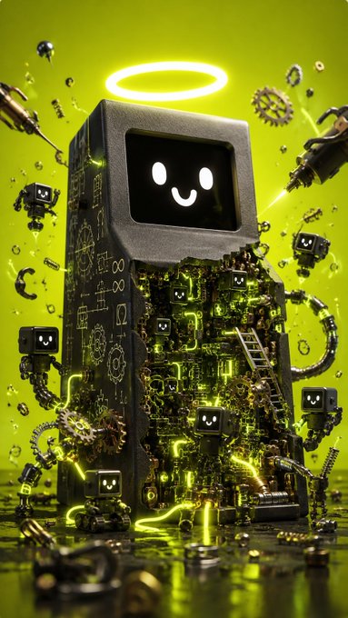 A towering, smiling computer with a glowing halo presides over a chaotic scene of smaller bots and disassembled mechanical parts bathed in electric green light. Fitting the "Rise of the Machines" theme, the image depicts a futuristic AI or machine entity coming to life, with its robot followers and scattered components hinting at a playful yet ominous technological uprising.