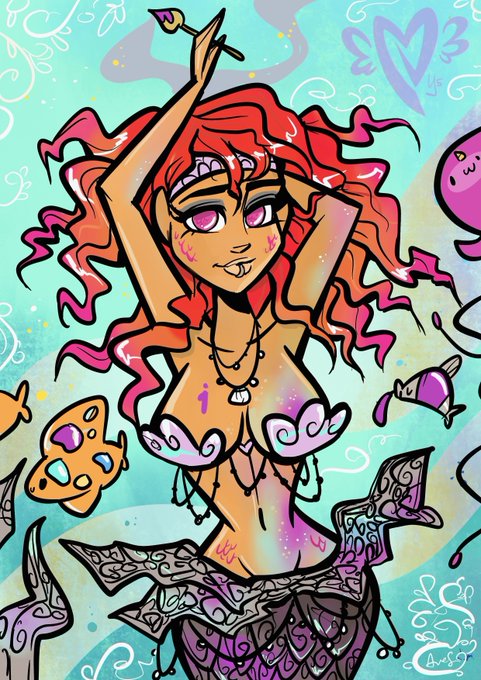 An anime-style illustration of a red-haired mermaid-like character with arms raised, set against a teal background with floating decorative elements.